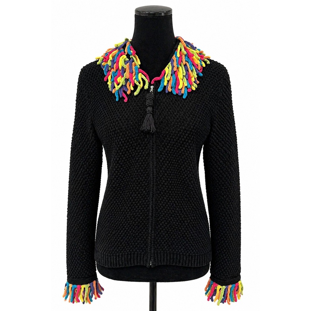 Berek Womens Full Zip Cardigan Sweater Large Black‎ Chenille Multicolor Fringe